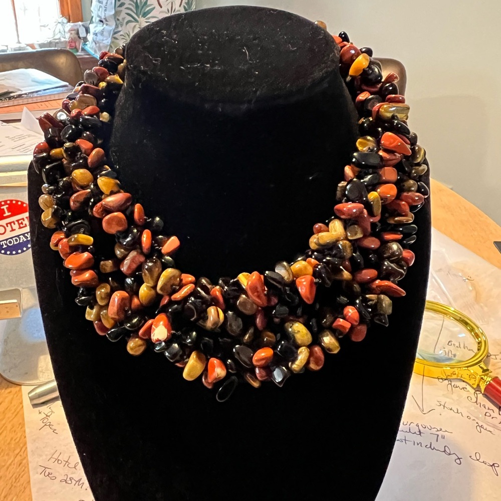 Sajen multi gem necklace of polished gems. Tigers eye, amber, quartz hand tied.